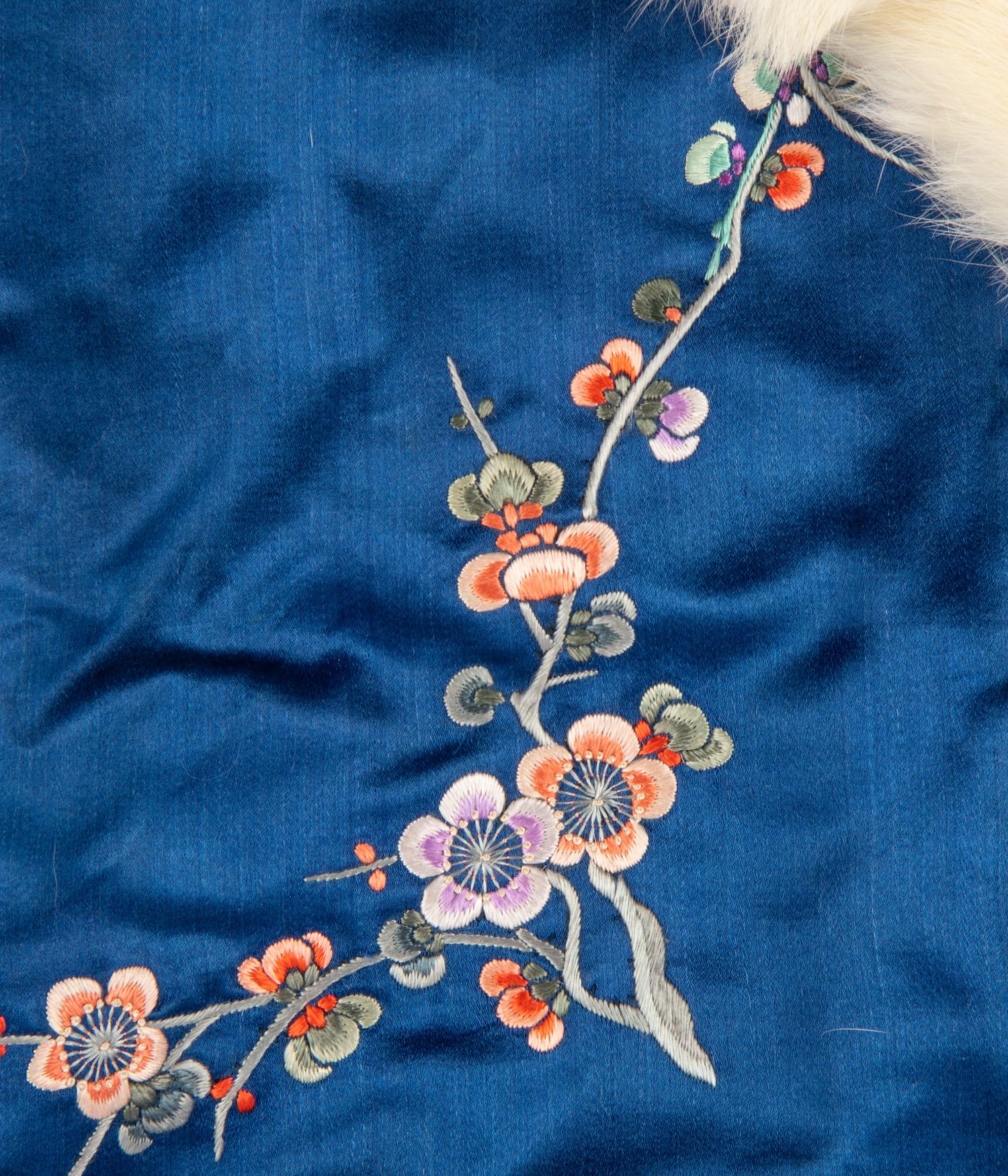 A Fur Lined Blue Ground Embroidered Silk Winter Coat