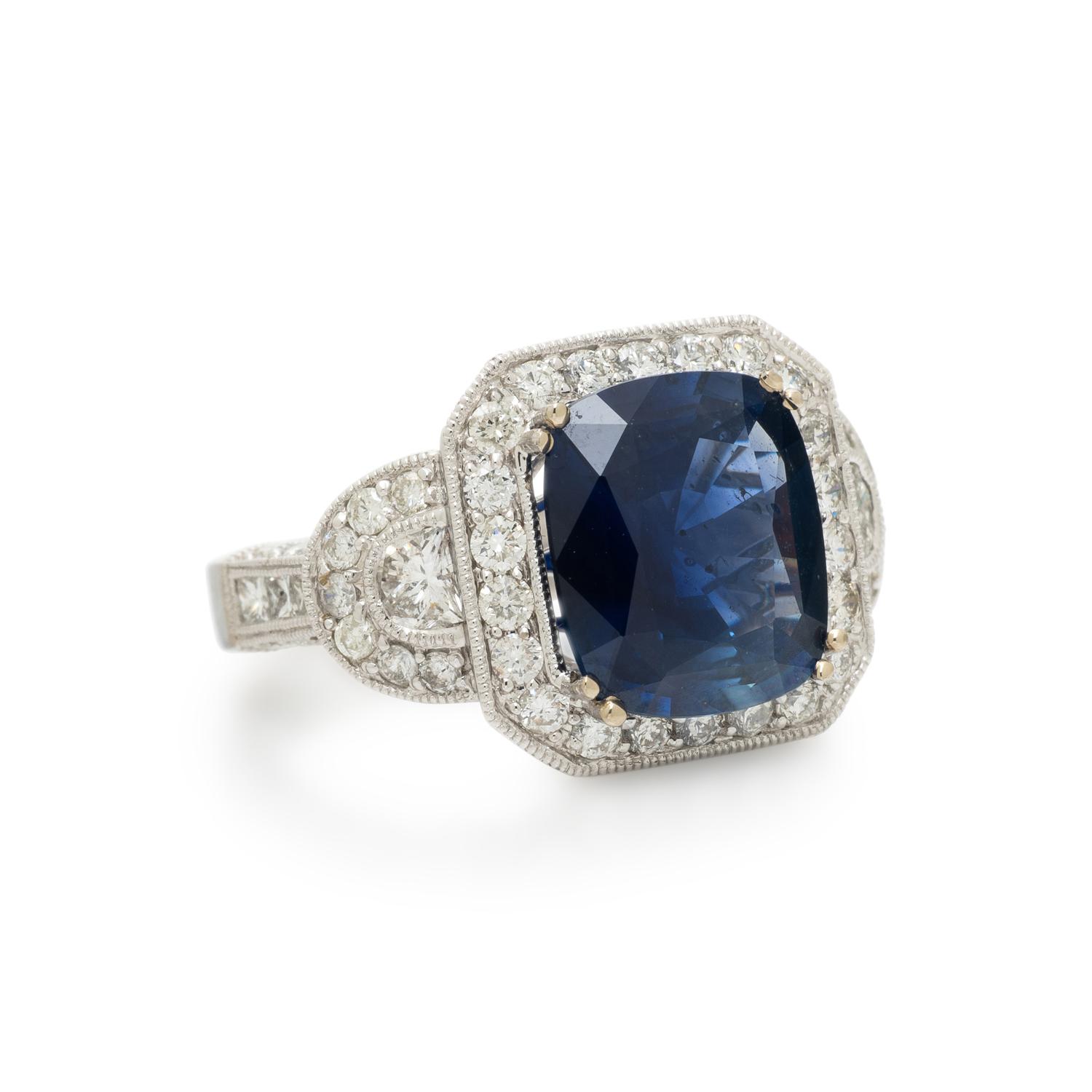 SAPPHIRE, DIAMOND, AND WHITE GOLD RING