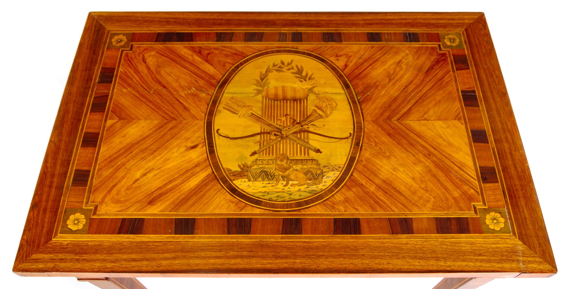 A Louis XVI Style Marquetry Table Height 29 x width 32 x depth 21 1/2 inches. — LATE 19TH CENTURY
