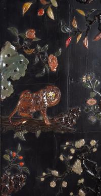 An Embellished and Gilt Decorated Black Lacquered Six-Panel Floor Screen