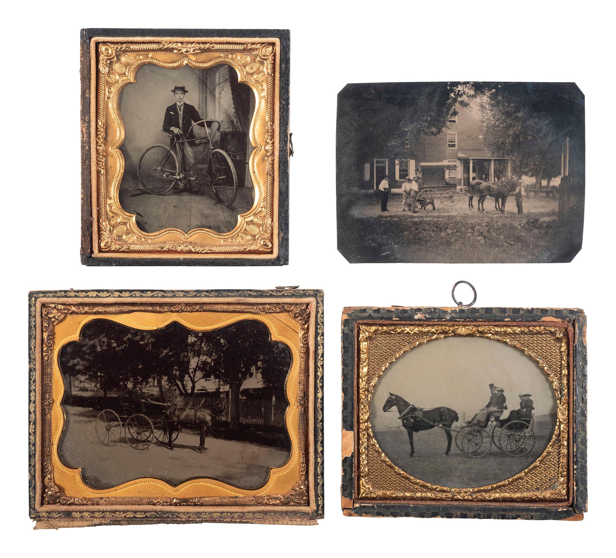 [EARLY PHOTOGRAPHY]. 8 tintypes featuring subjects with different modes of transportation.