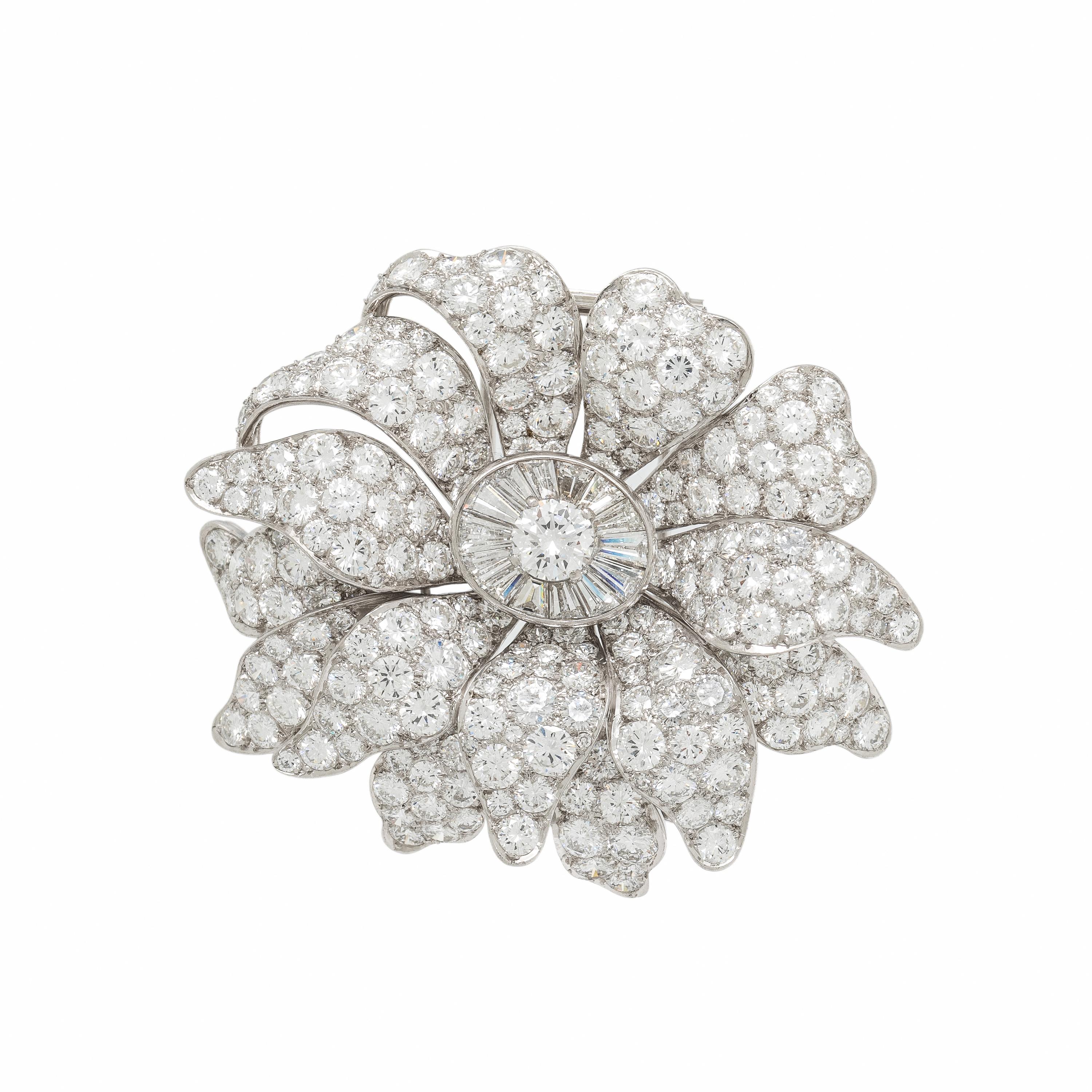 VAN CLEEF & ARPELS, DIAMOND AND PLATINUM FLOWER BROOCH