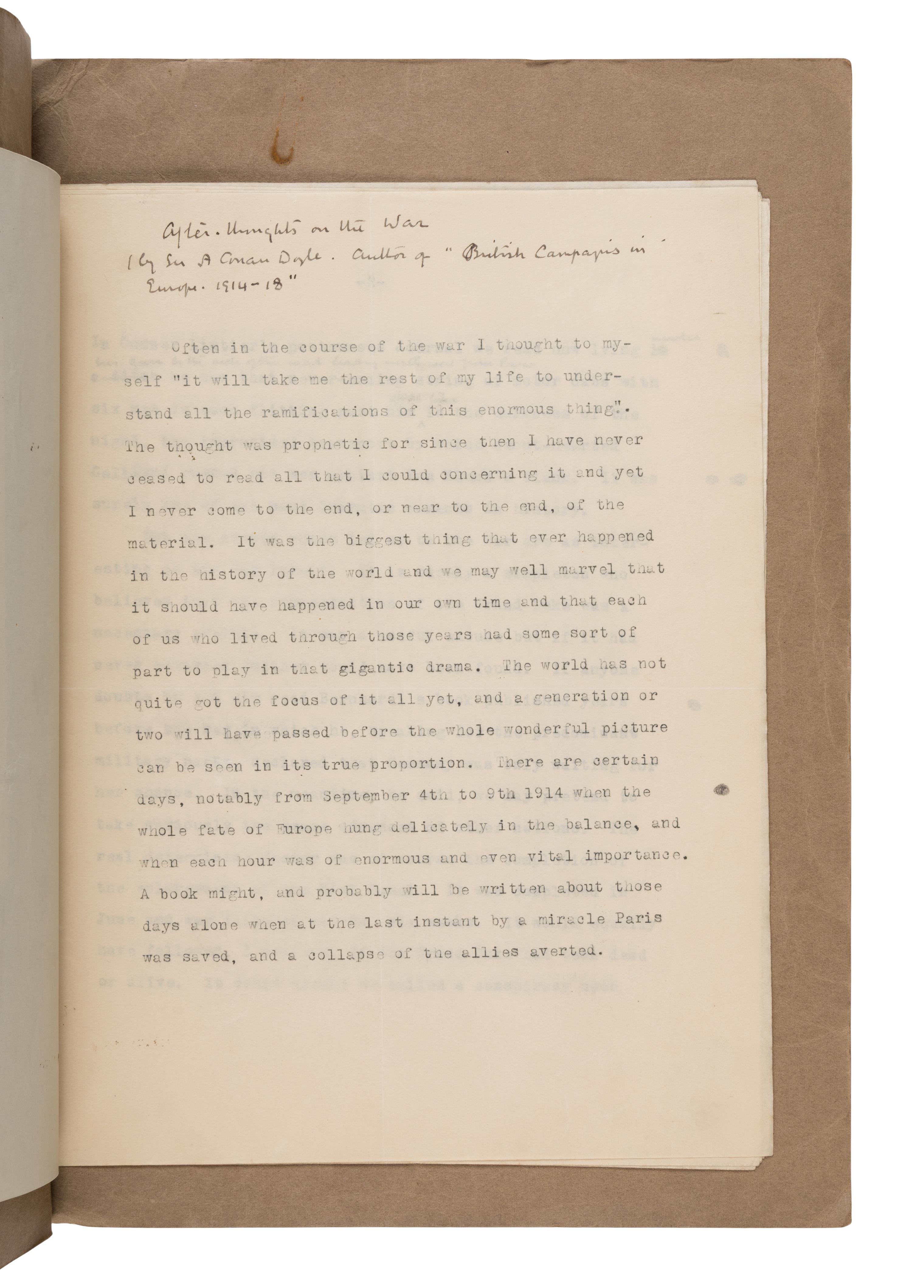 Doyle, Arthur Conan (1859-1930). A pair of typescript articles with holograph emendations in Doyle's hand, comprising: