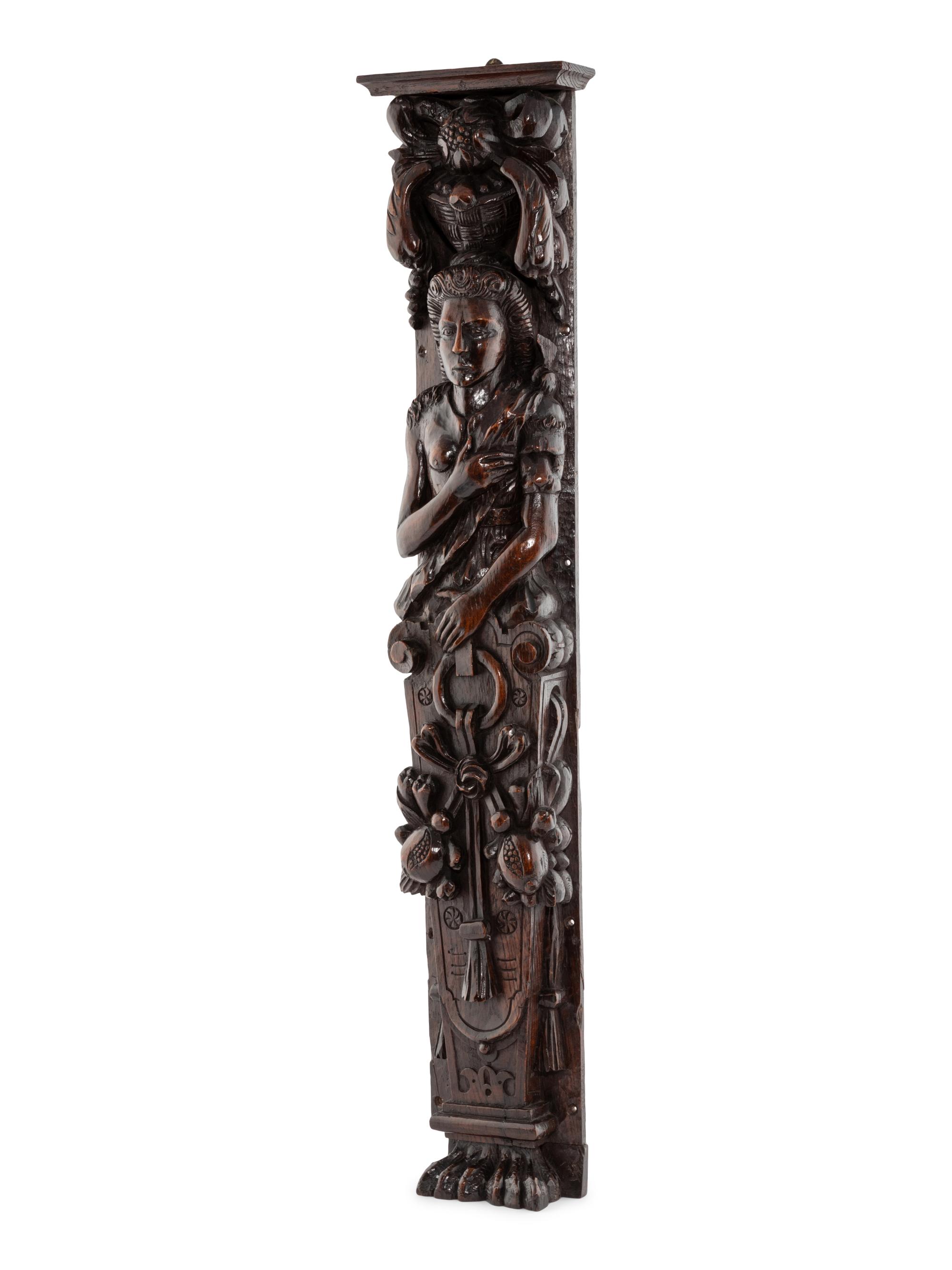 An English Carved Oak Figural Pilaster