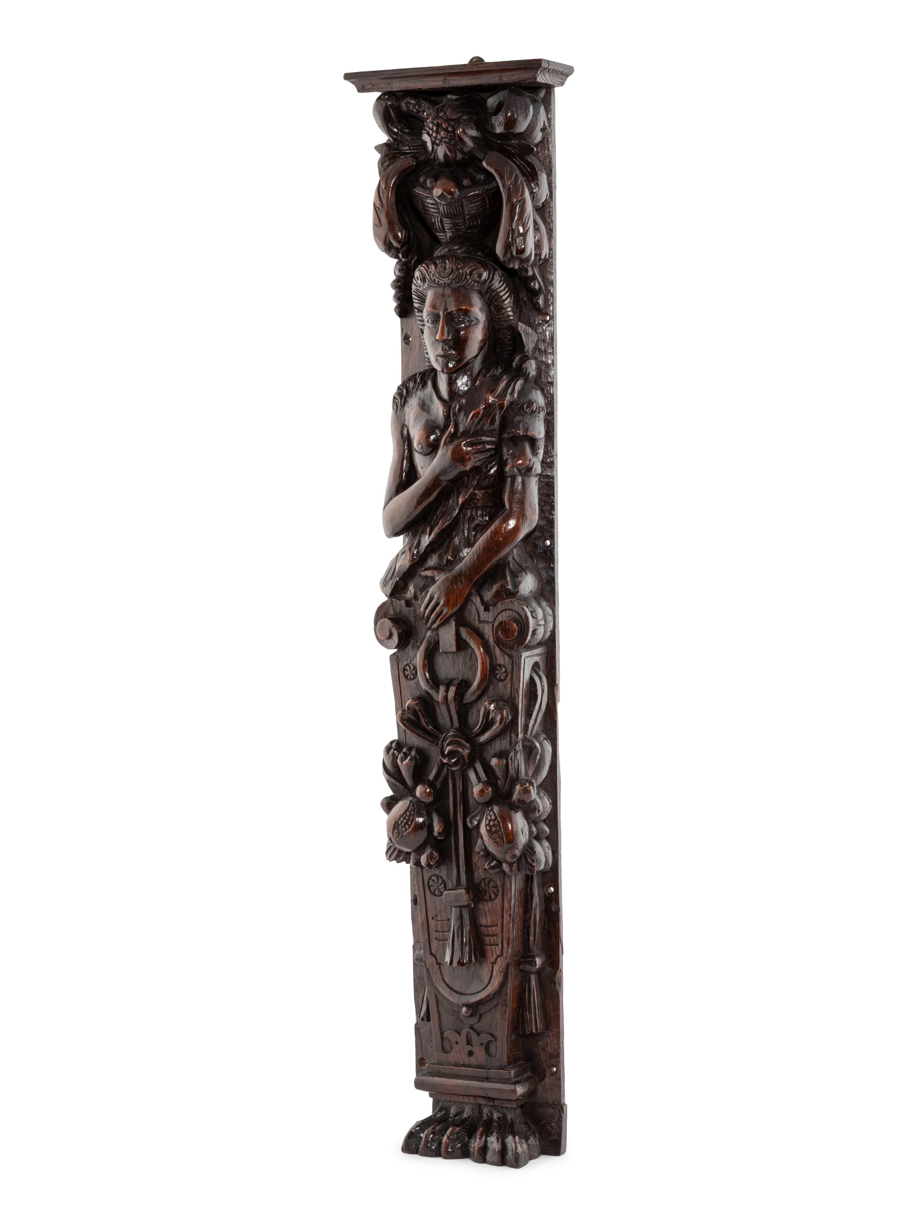 An English Carved Oak Figural Pilaster