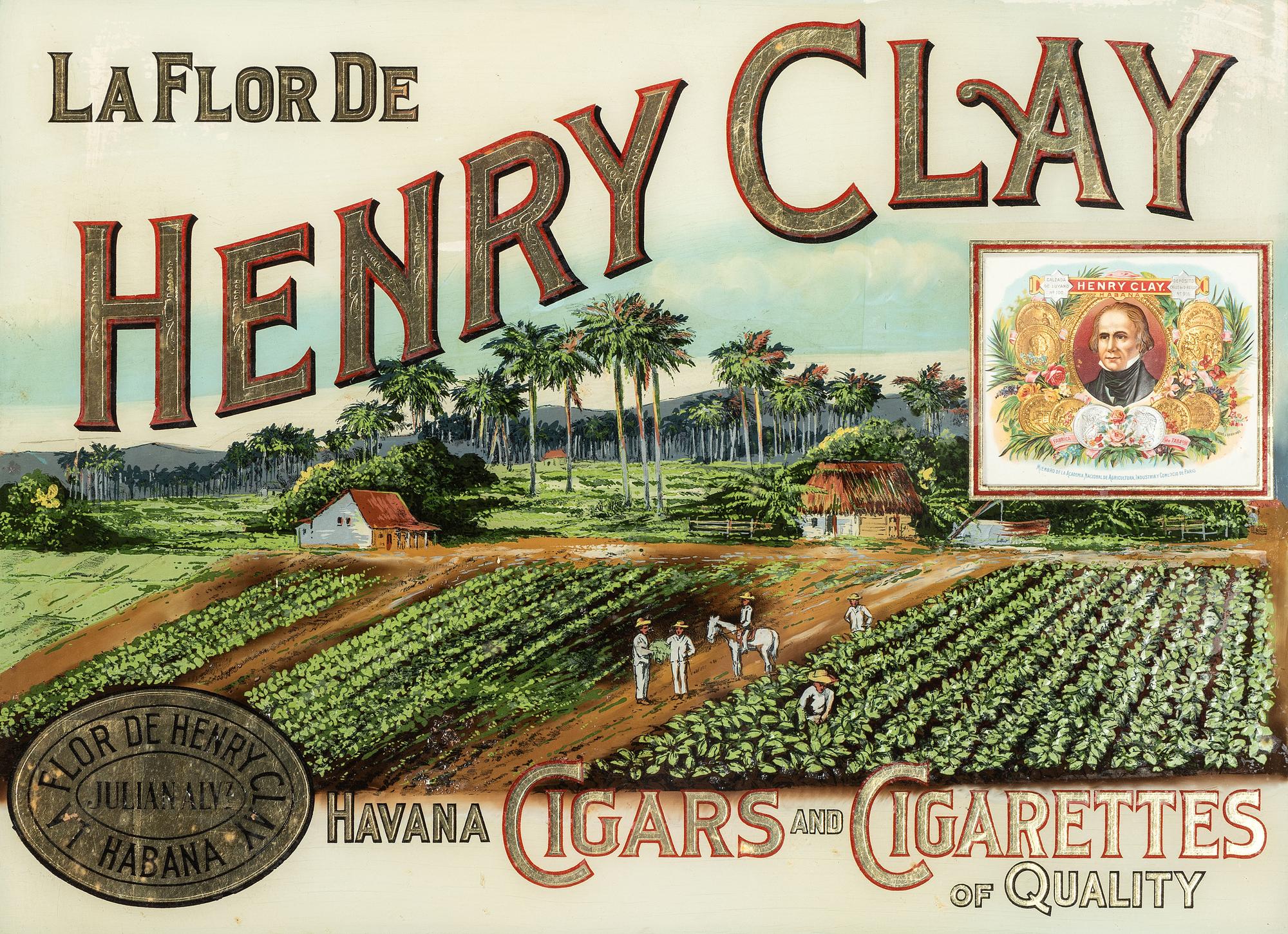 A Henry Clay Cigars & Cigarettes Reverse Painted Glass Advertising Sign