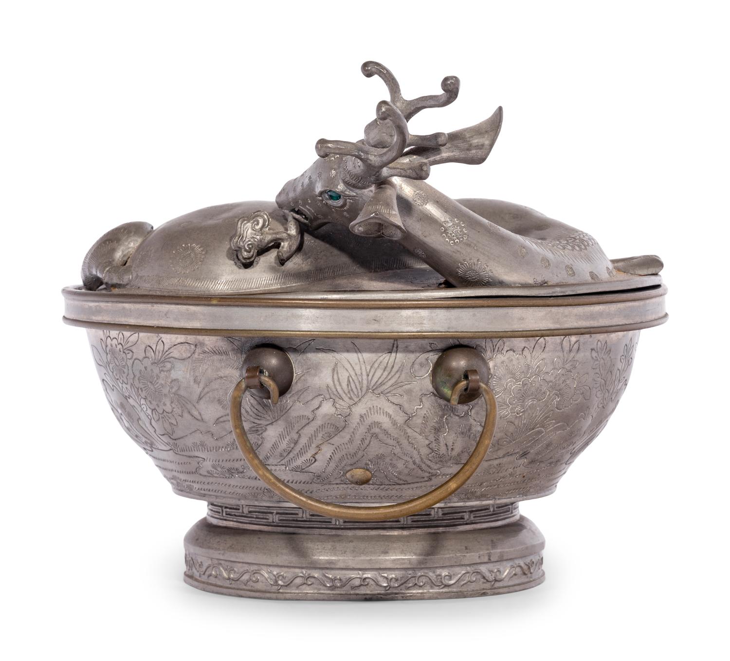 A Chinese Export Pewter 'Deer' Box and Cover