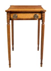 A Sheraton Cherry and Birdseye Maple Work Table Height 28 x width 18 x depth 17 inches. — EARLY 19TH CENTURY