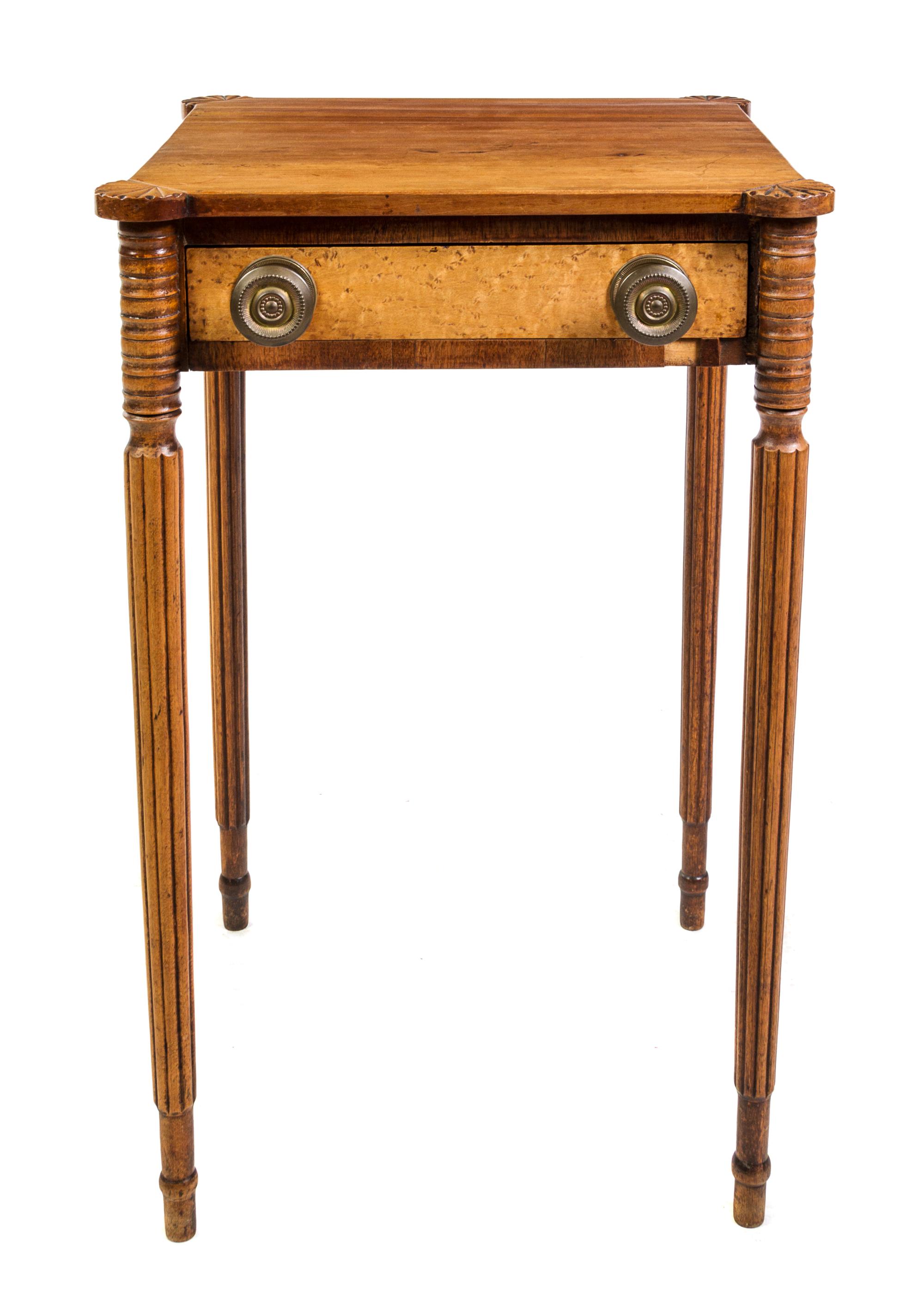 A Sheraton Cherry and Birdseye Maple Work Table Height 28 x width 18 x depth 17 inches. — EARLY 19TH CENTURY