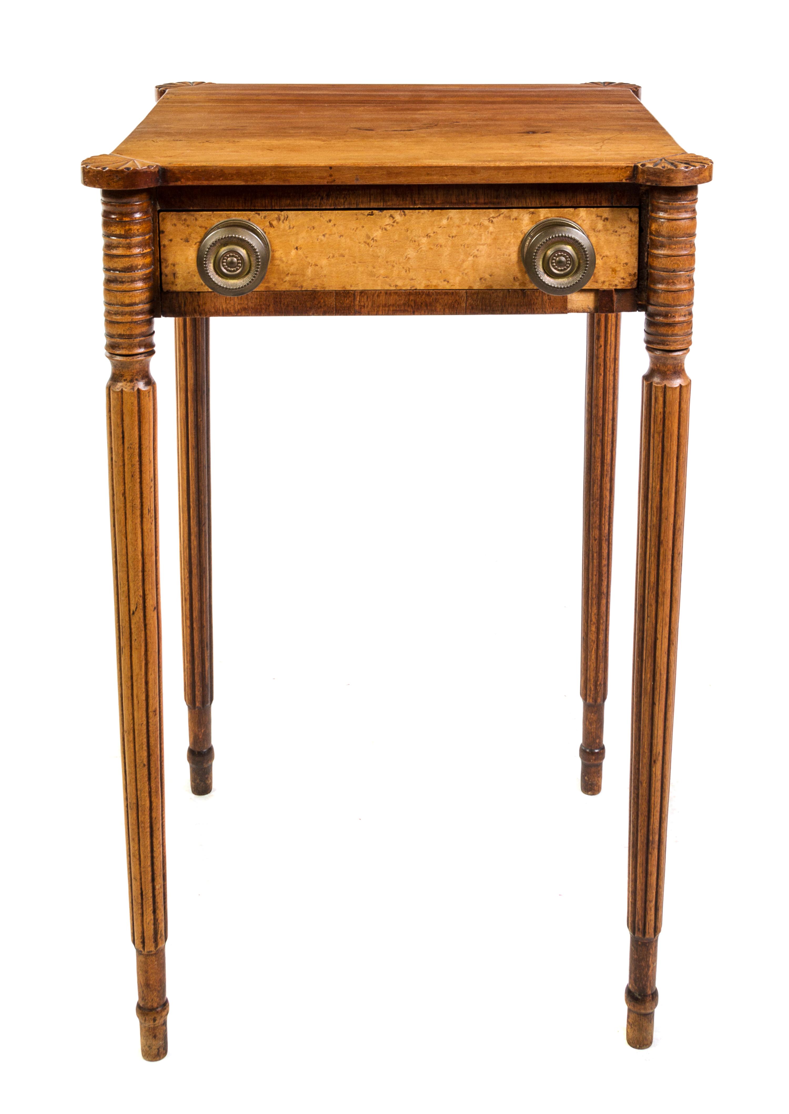 A Sheraton Cherry and Birdseye Maple Work Table Height 28 x width 18 x depth 17 inches. — EARLY 19TH CENTURY