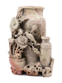 A Chinese Carved Soapstone Vase with Flowers