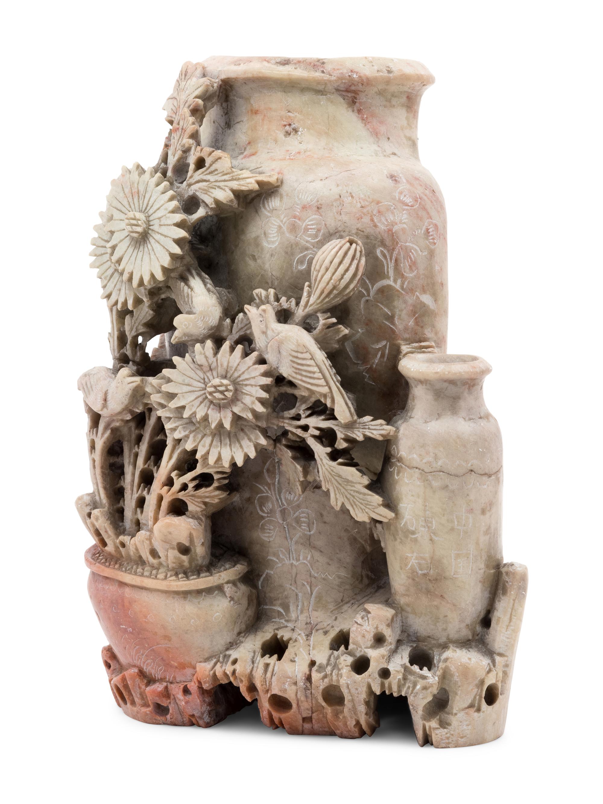 A Chinese Carved Soapstone Vase with Flowers