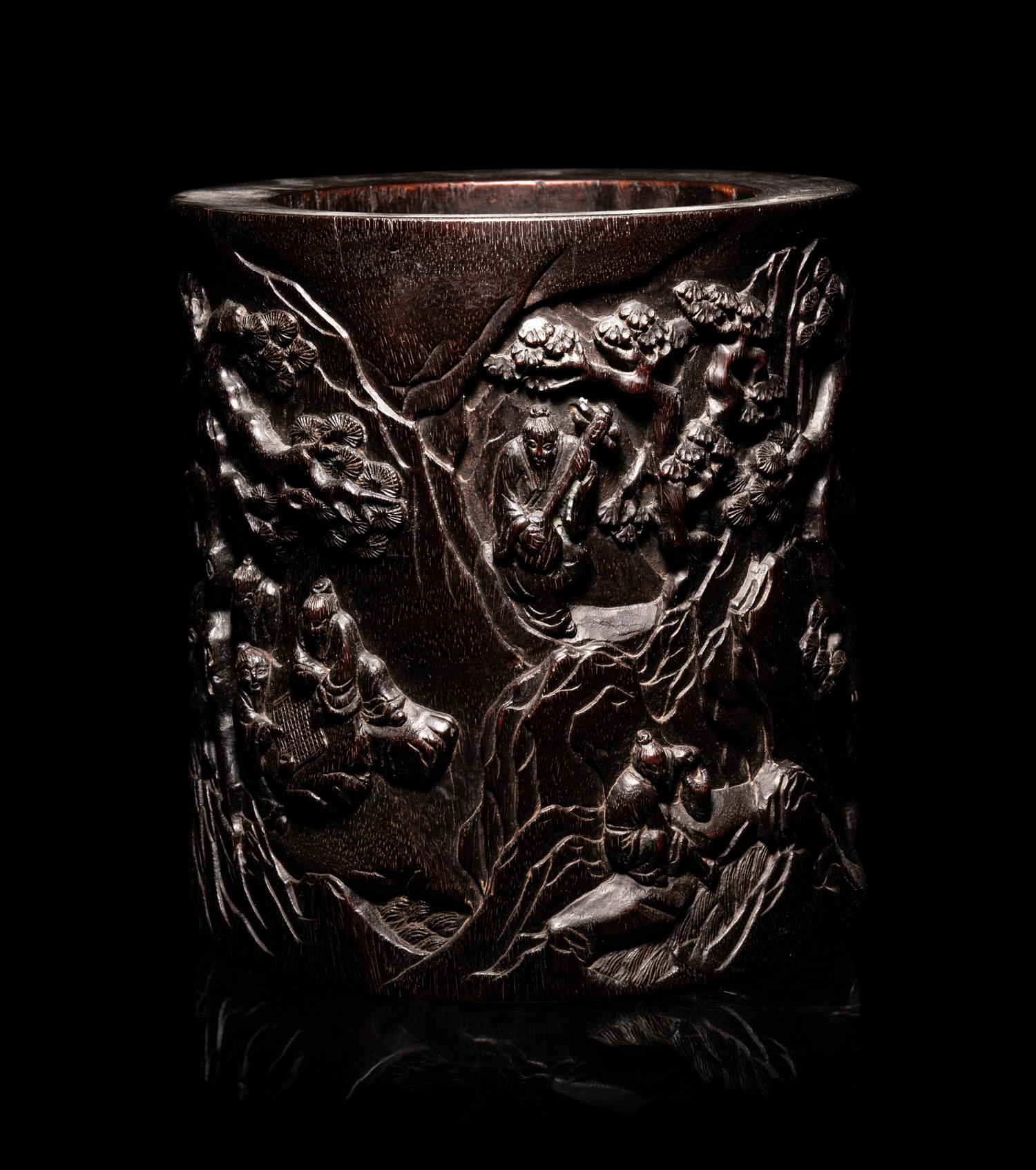 A Large Chinese Carved Hardwood Brushpot, Bitong