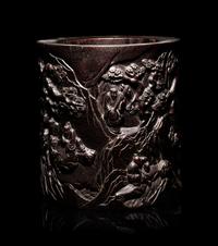 A Large Chinese Carved Hardwood Brushpot, Bitong