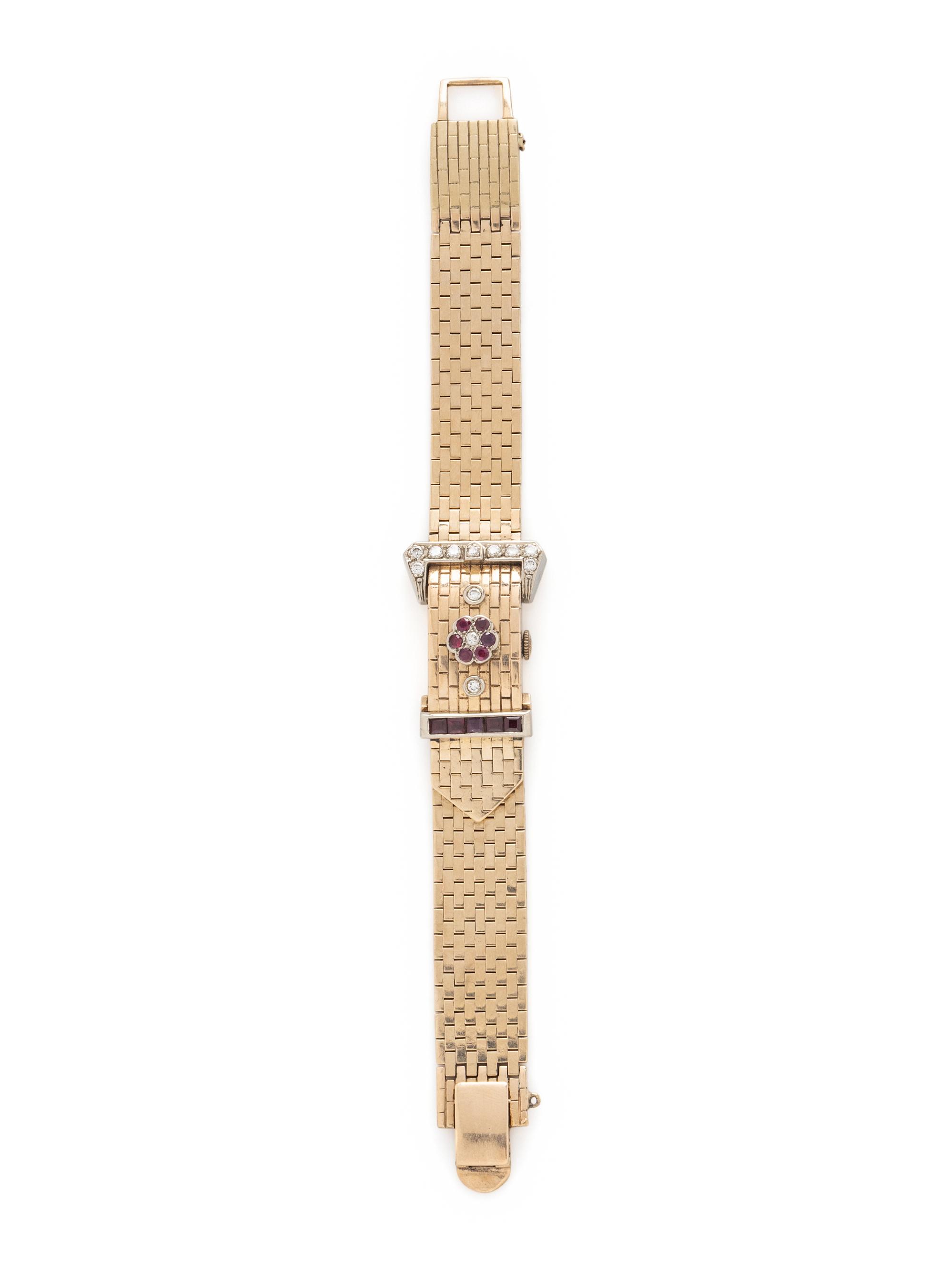 GENOVA, 14K YELLOW GOLD SURPRISE WATCH WITH RUBIES AND DIAMONDS