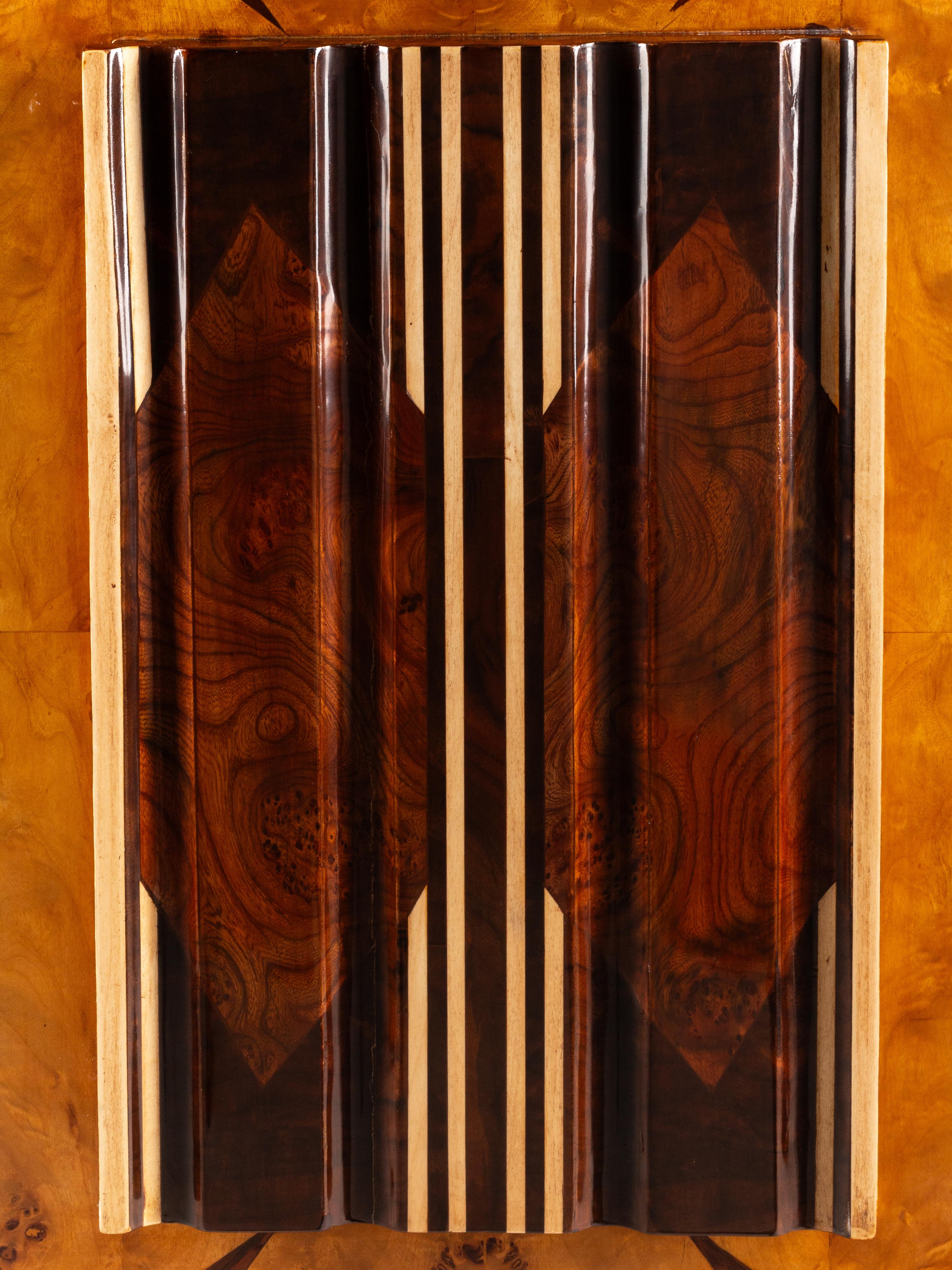 An Art Deco Style Burl Walnut and Rosewood Veneered Bar Cabinet