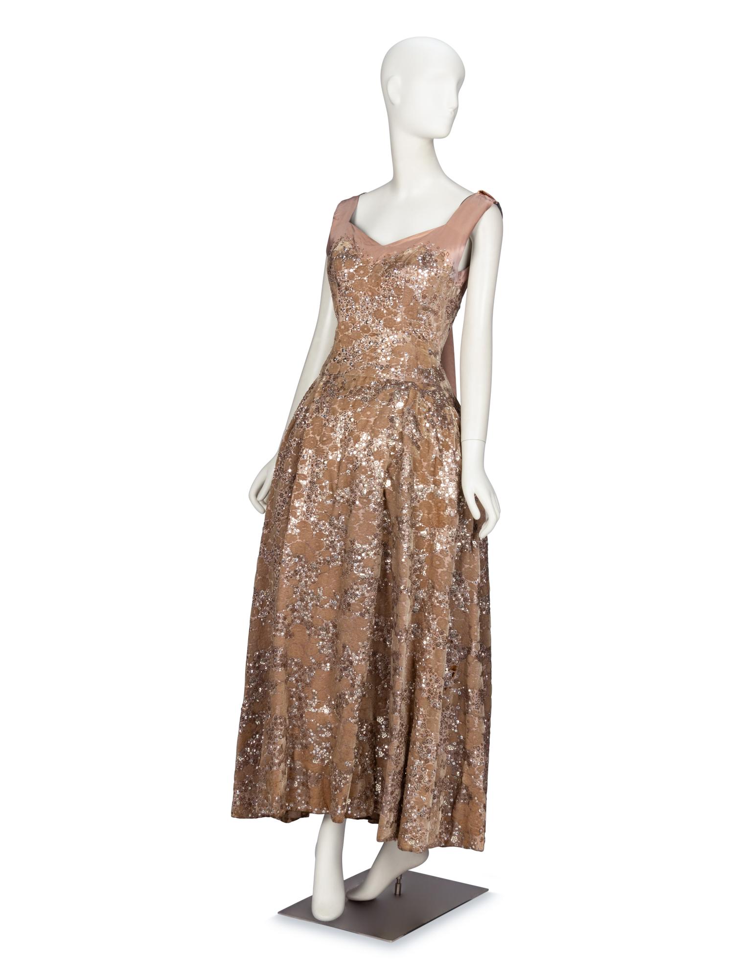 Norman Hartnell, Sequined Velvet & Silk Gown, 1950's