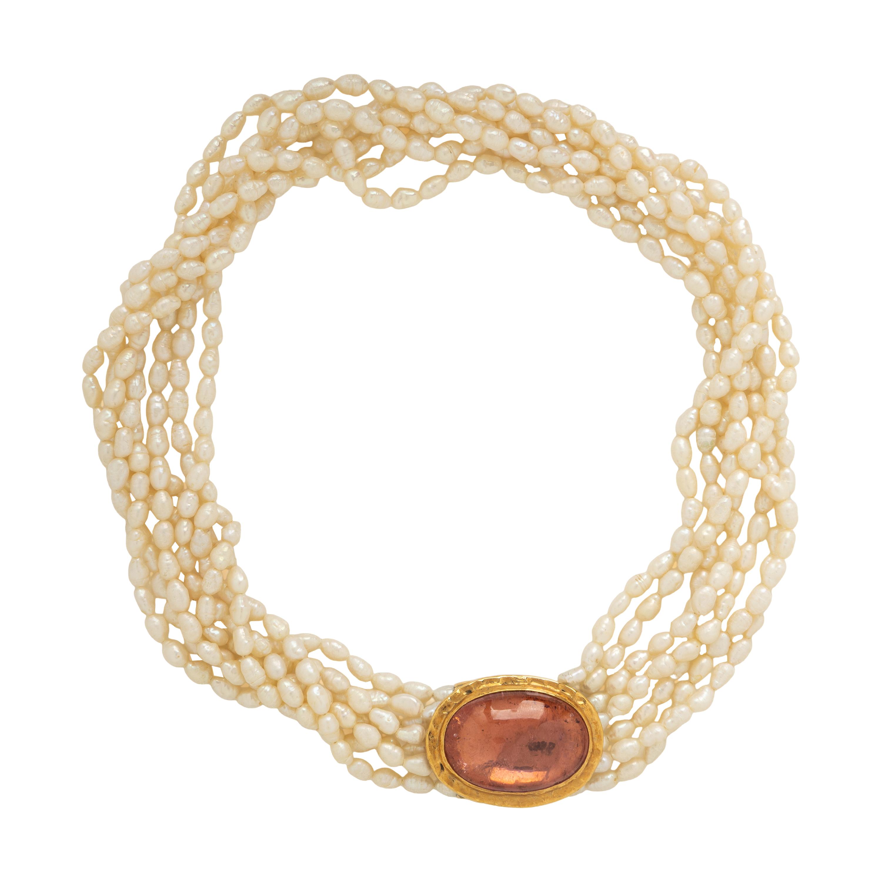 Keshi Cultured Pearl, Pink Tourmaline, and Yellow Gold Torsade Necklace