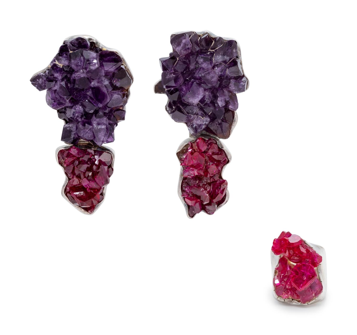 A Collection of Sterling Silver, Amethyst and Synthetic Ruby Crystal Jewelry, Rebecca Collins,