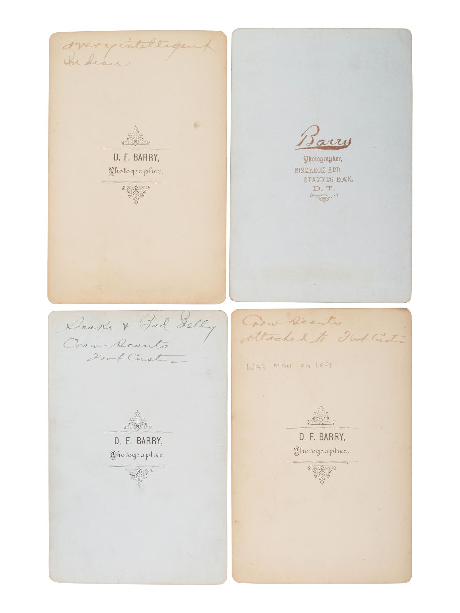 BARRY, David F. (1854-1934), photographer. Four cabinet cards of Crow warriors, incl. War Man, Spotted Horse, Snake and Big Belly. Ca 1880s.