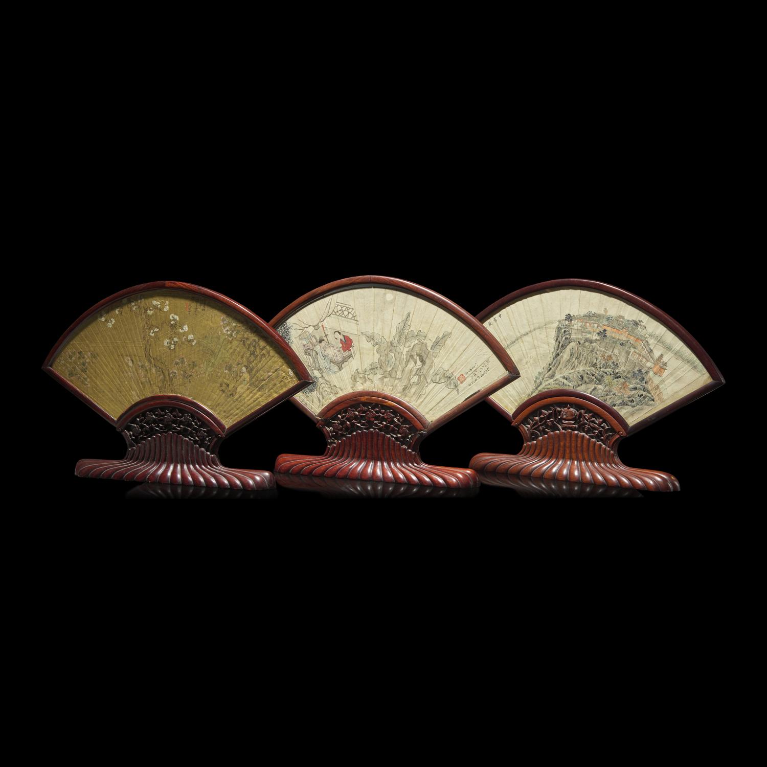 Three Chinese Folding Fan Leaf Paintings, 19th Century 清晚期 詩書畫扇面鏡框三幅