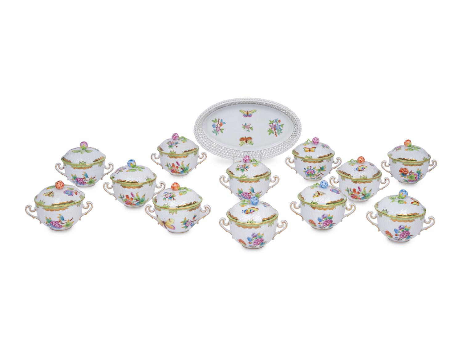 A Set of Twelve Herend Queen Victoria Porcelain Covered Bowls and a Tray