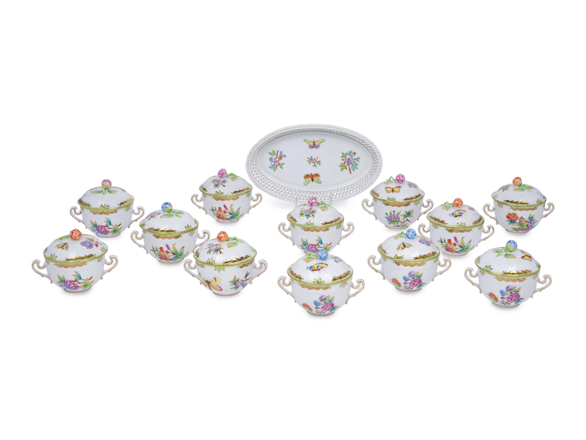A Set of Twelve Herend Queen Victoria Porcelain Covered Bowls and a Tray