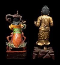 Two Chinese Gilt, Red and Polychrome Painted Wood Figures