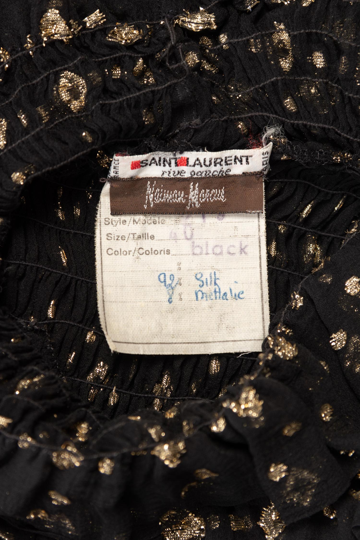 One Saint Laurent Rive Gauche Black Crepe Top and One Pair of Unlabeled Bell Bottom Denim Jeans, 1970s