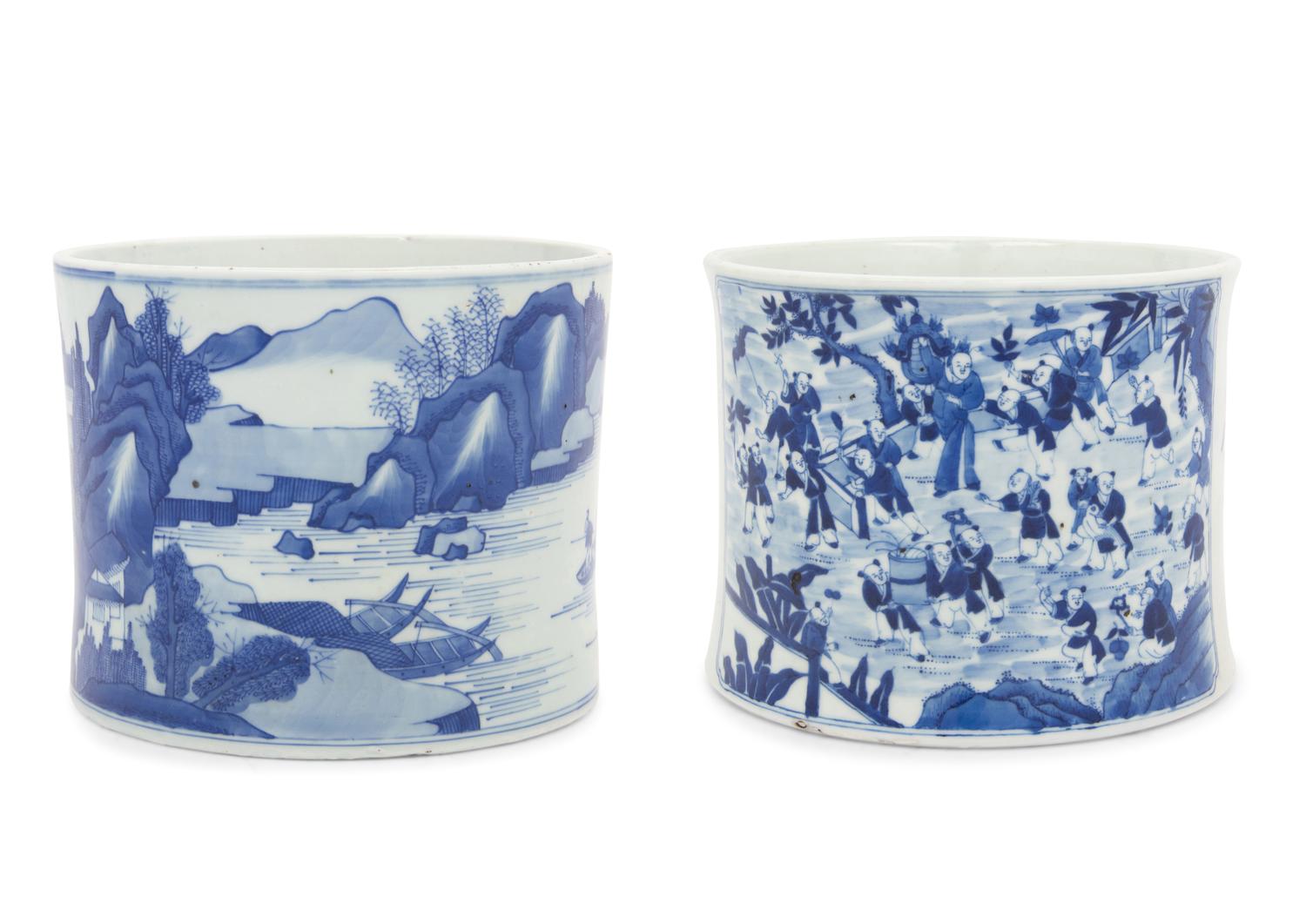 Two Chinese Blue and White Porcelain Brushpots, Bitong