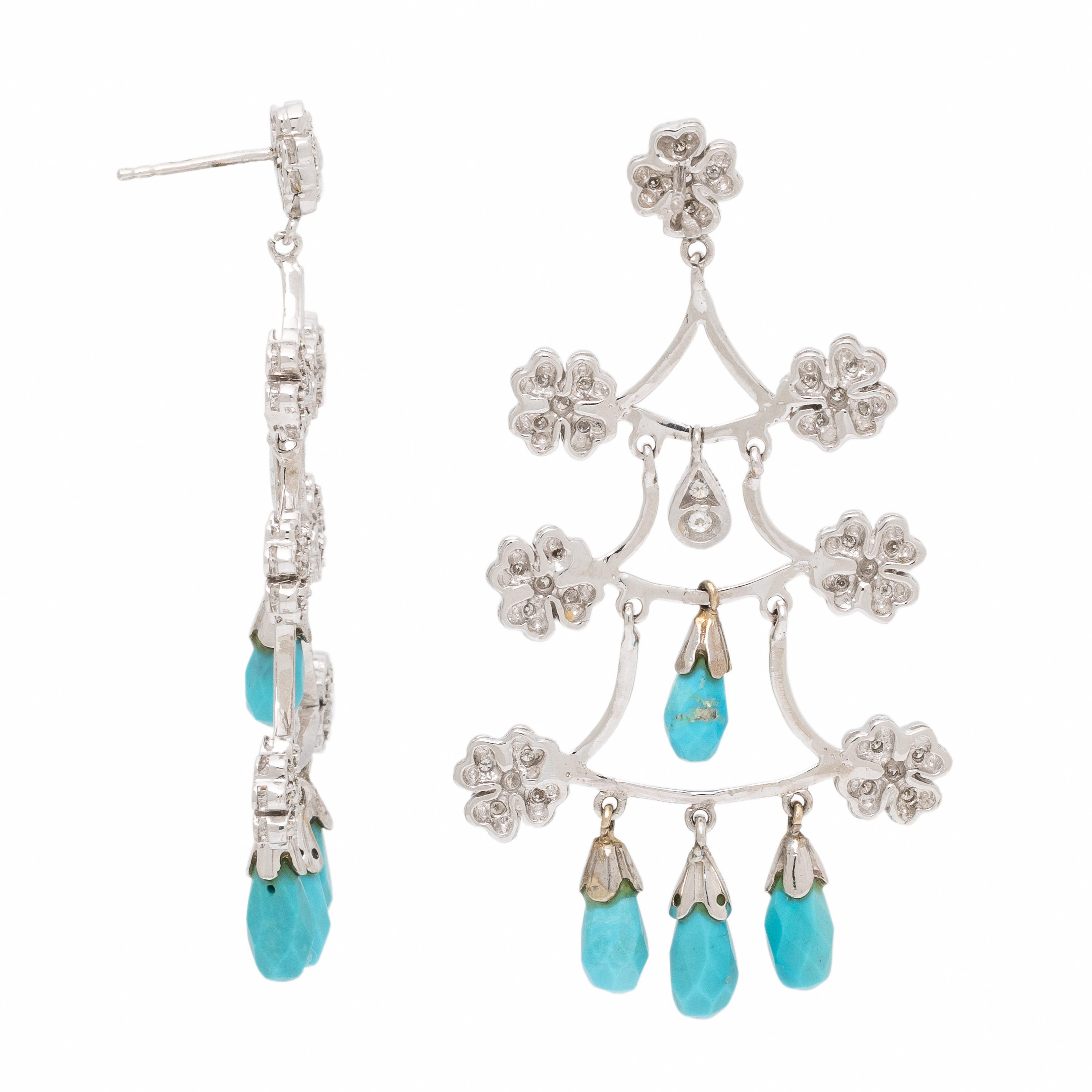Diamond, Turquoise, and White Gold Earrings