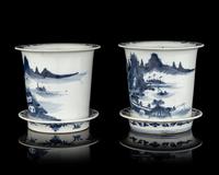 A Pair of Chinese Export Blue and White Porcelain Cache Pots and Undertrays
