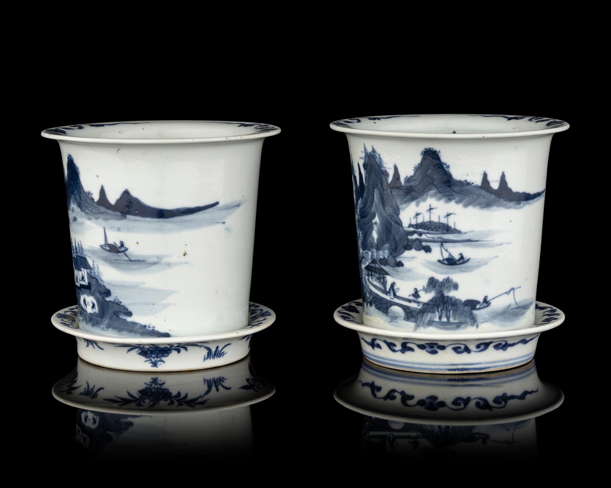 A Pair of Chinese Export Blue and White Porcelain Cache Pots and Undertrays