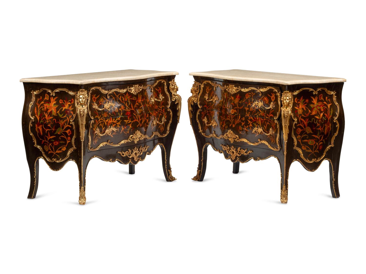 A Pair of Louis XV Style Marquetry and Gilt Bronze Mounted Marble-Top Commodes