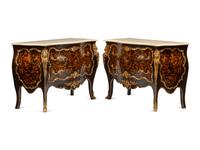 A Pair of Louis XV Style Marquetry and Gilt Bronze Mounted Marble-Top Commodes