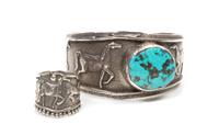 A Kewa Tufa Cast Silver and Turquoise Cuff and Matching Ring, Anthony Lovato (b. 1958) Length of cuff 7 x opening 1 x width 1 1/2 inche
