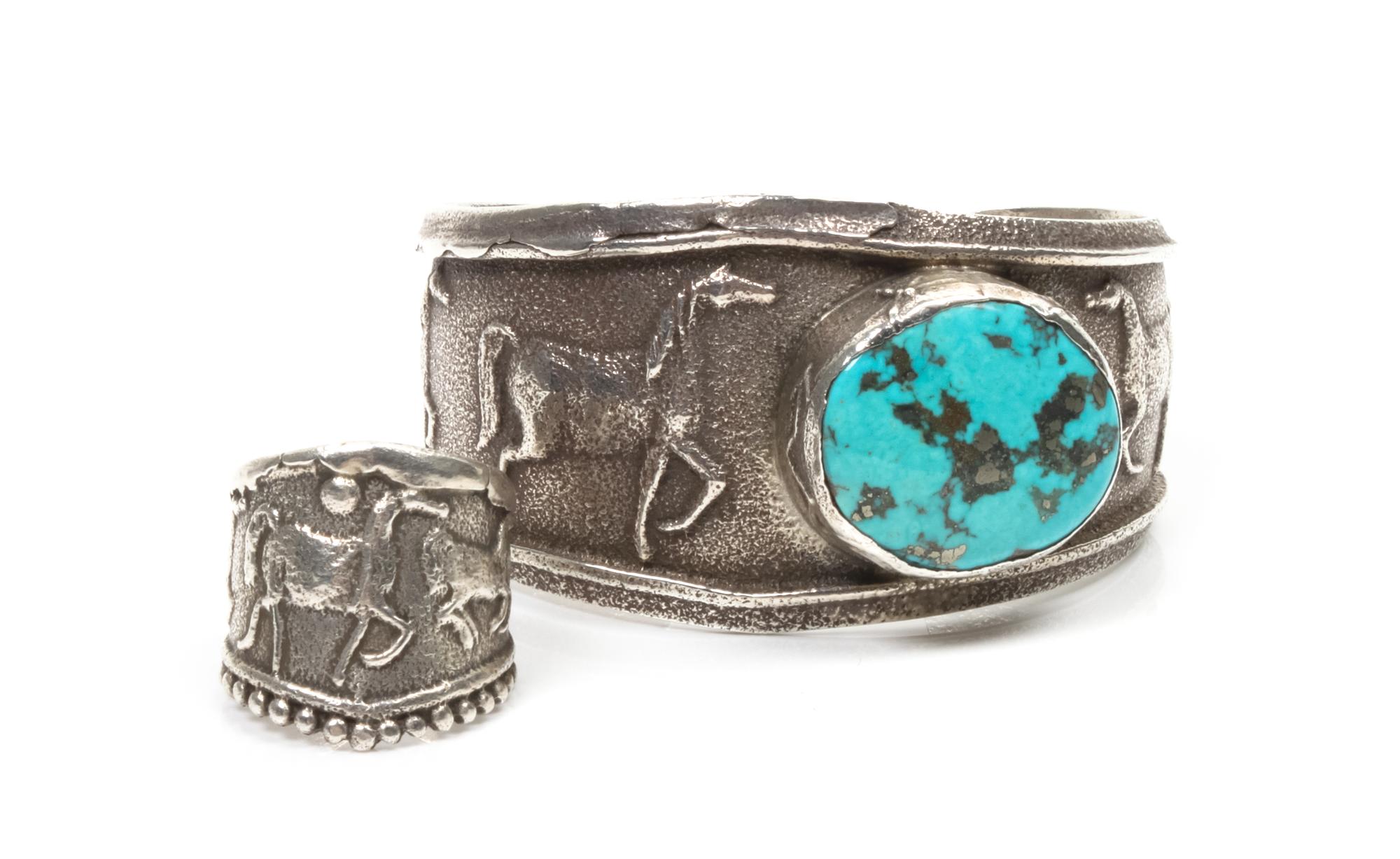 A Kewa Tufa Cast Silver and Turquoise Cuff and Matching Ring, Anthony Lovato (b. 1958) Length of cuff 7 x opening 1 x width 1 1/2 inche