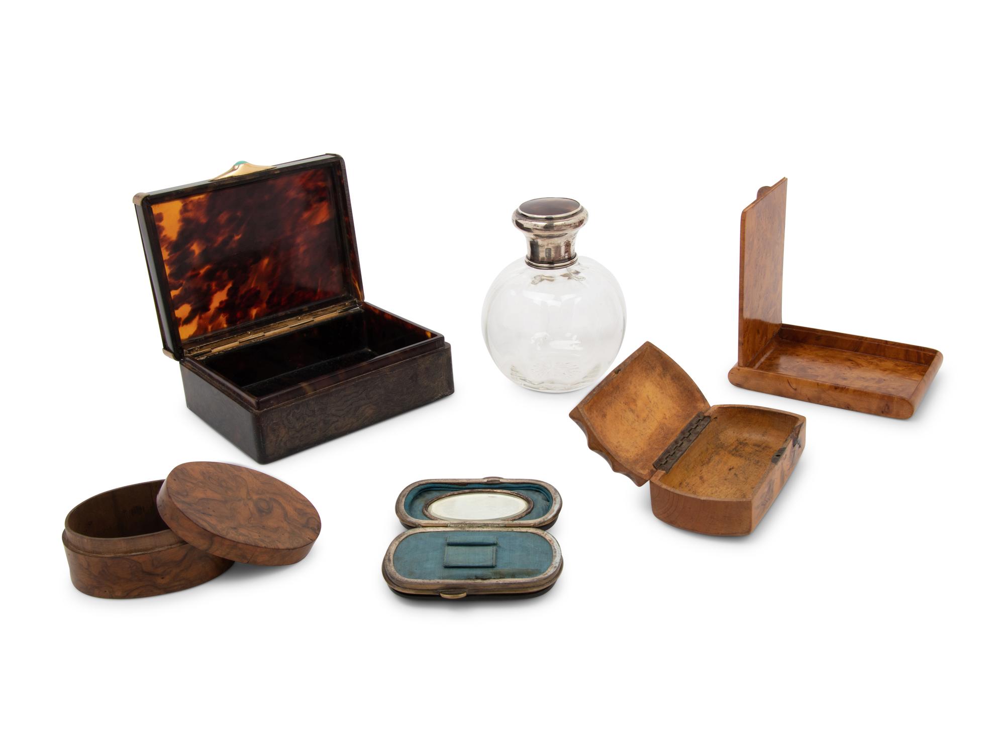 A Group of English Tortoise Shell Articles and Burlwood Small Boxes