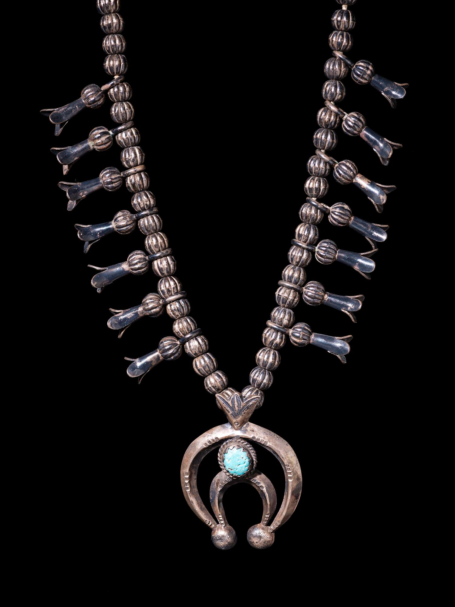 Navajo Silver and Turquoise Squash Blossom Necklace