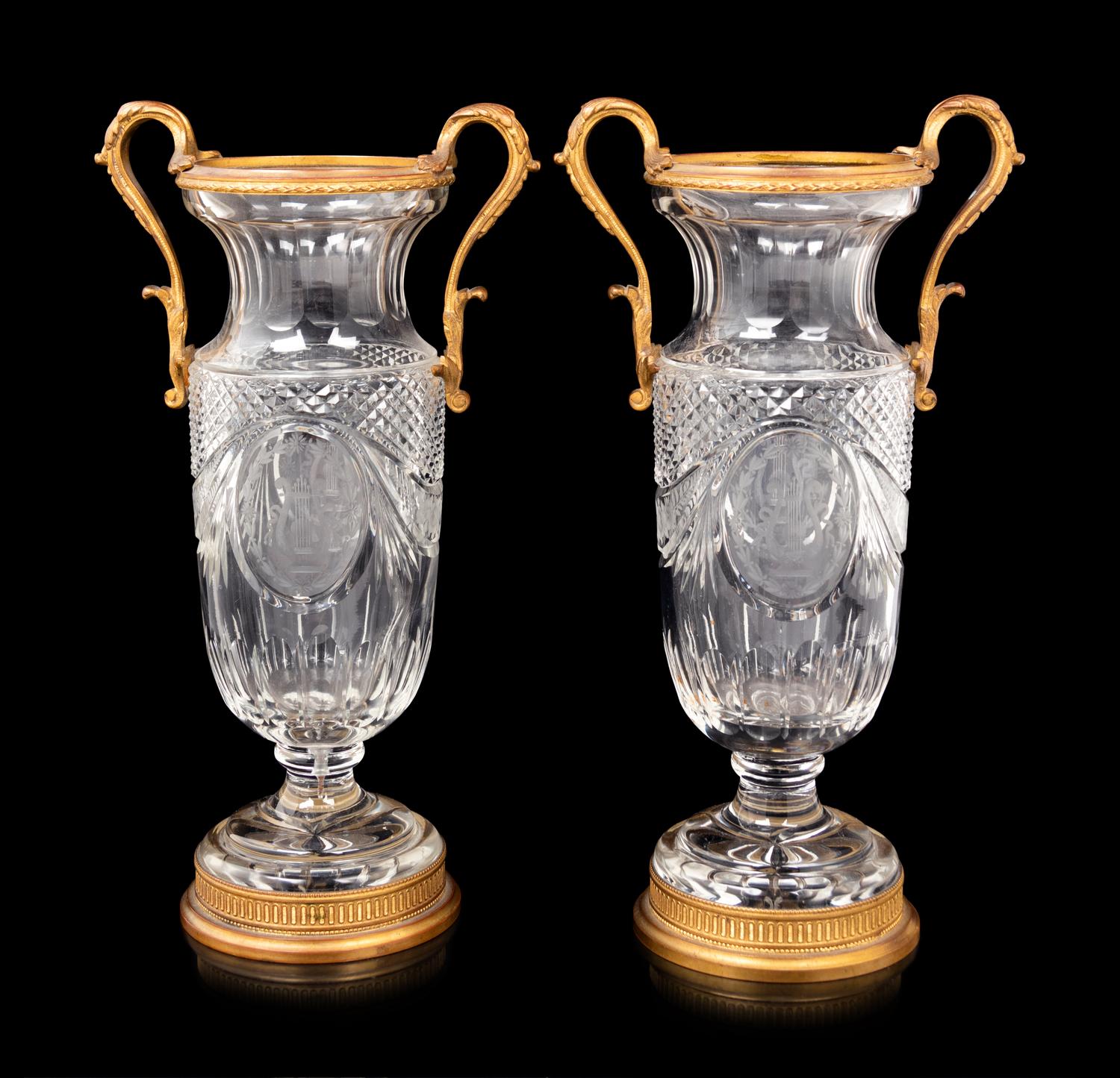 A Pair of Gilt Bronze Mounted Cut Glass Vases