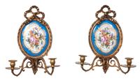 A Pair of Sevres Style Porcelain Mounted Gilt Bronze Two-Light Sconces Height 14 1/2 inches. — EARLY 20TH CENTURY