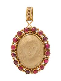 A Yellow Gold, Gemstone and Lava Cameo Pendant,
