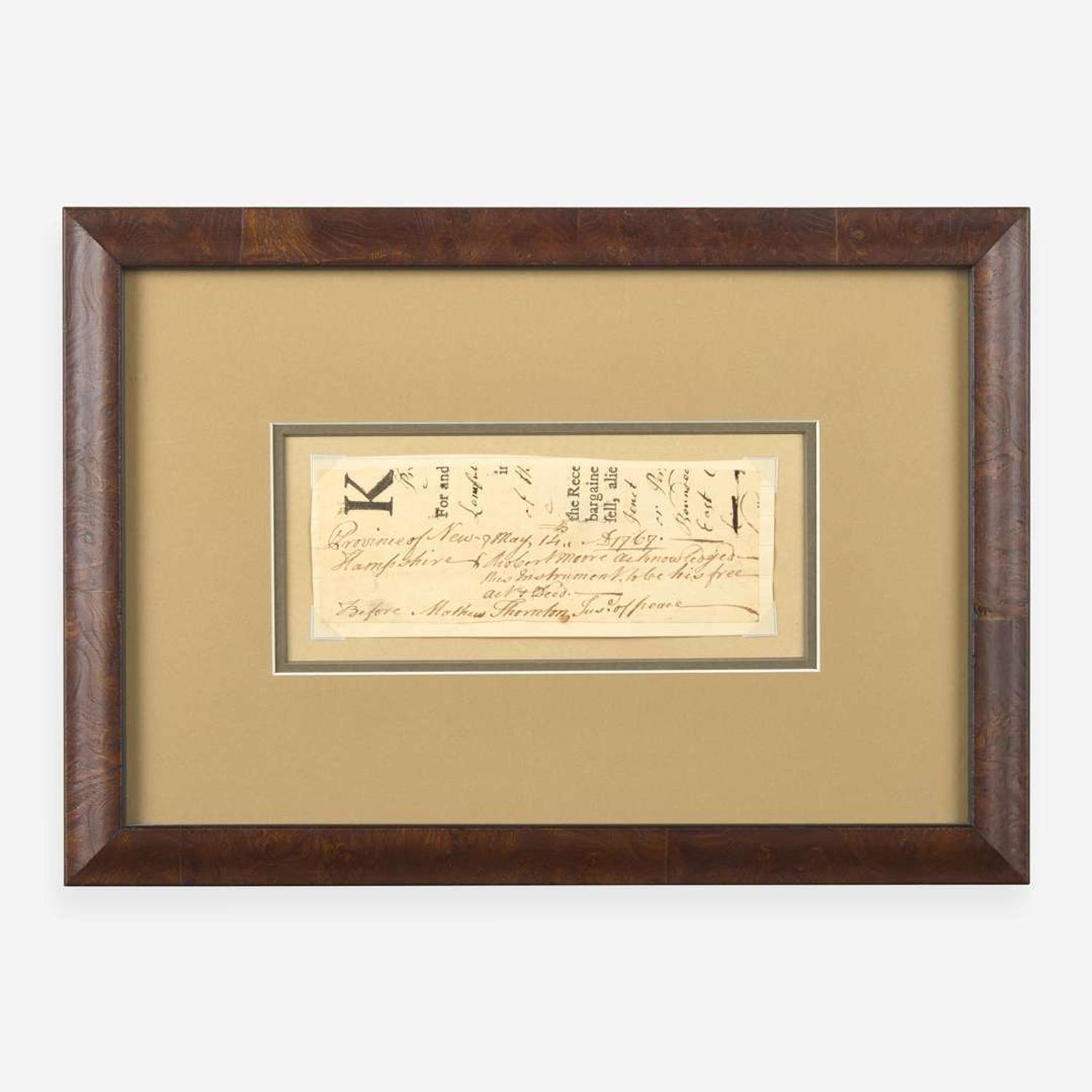 [Declaration of Independence] [New Hampshire] Thornton, Matthew Partially-Printed Fragment, signed