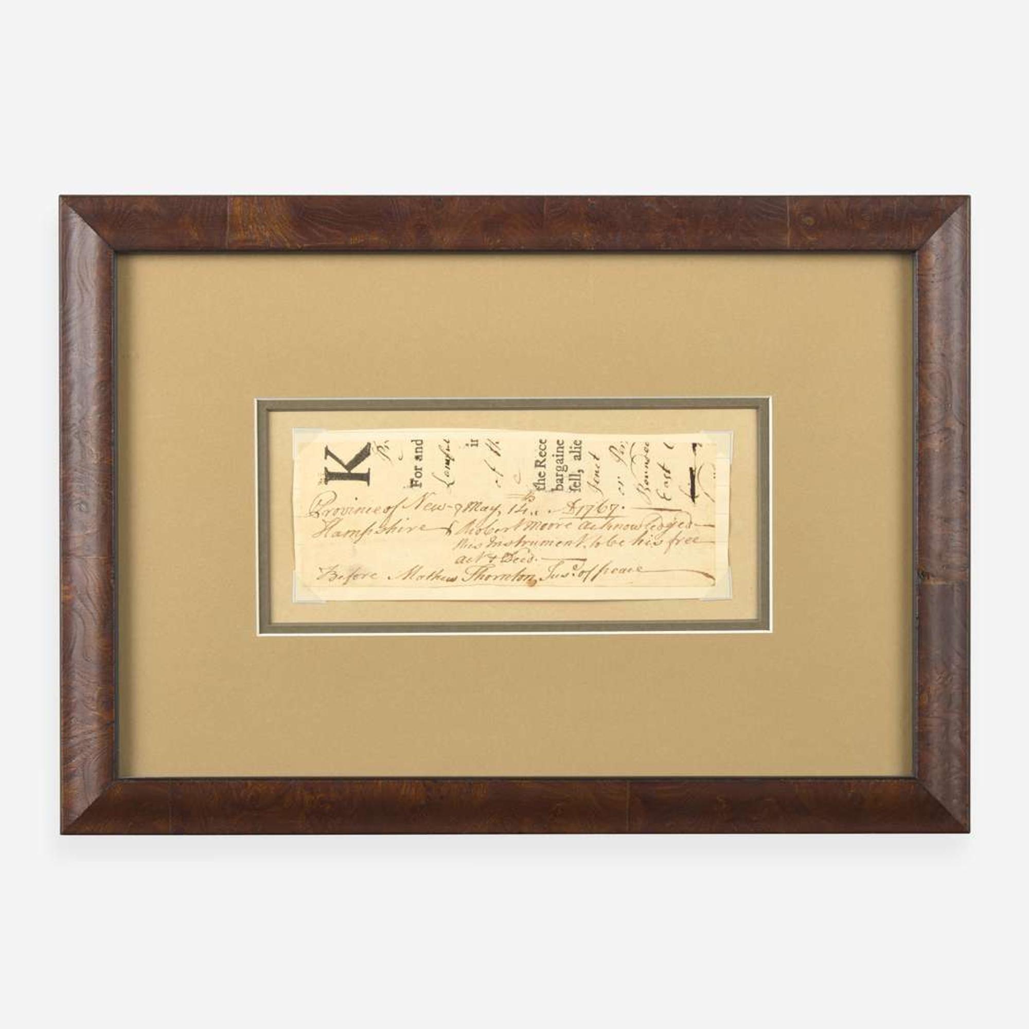 [Declaration of Independence] [New Hampshire] Thornton, Matthew Partially-Printed Fragment, signed