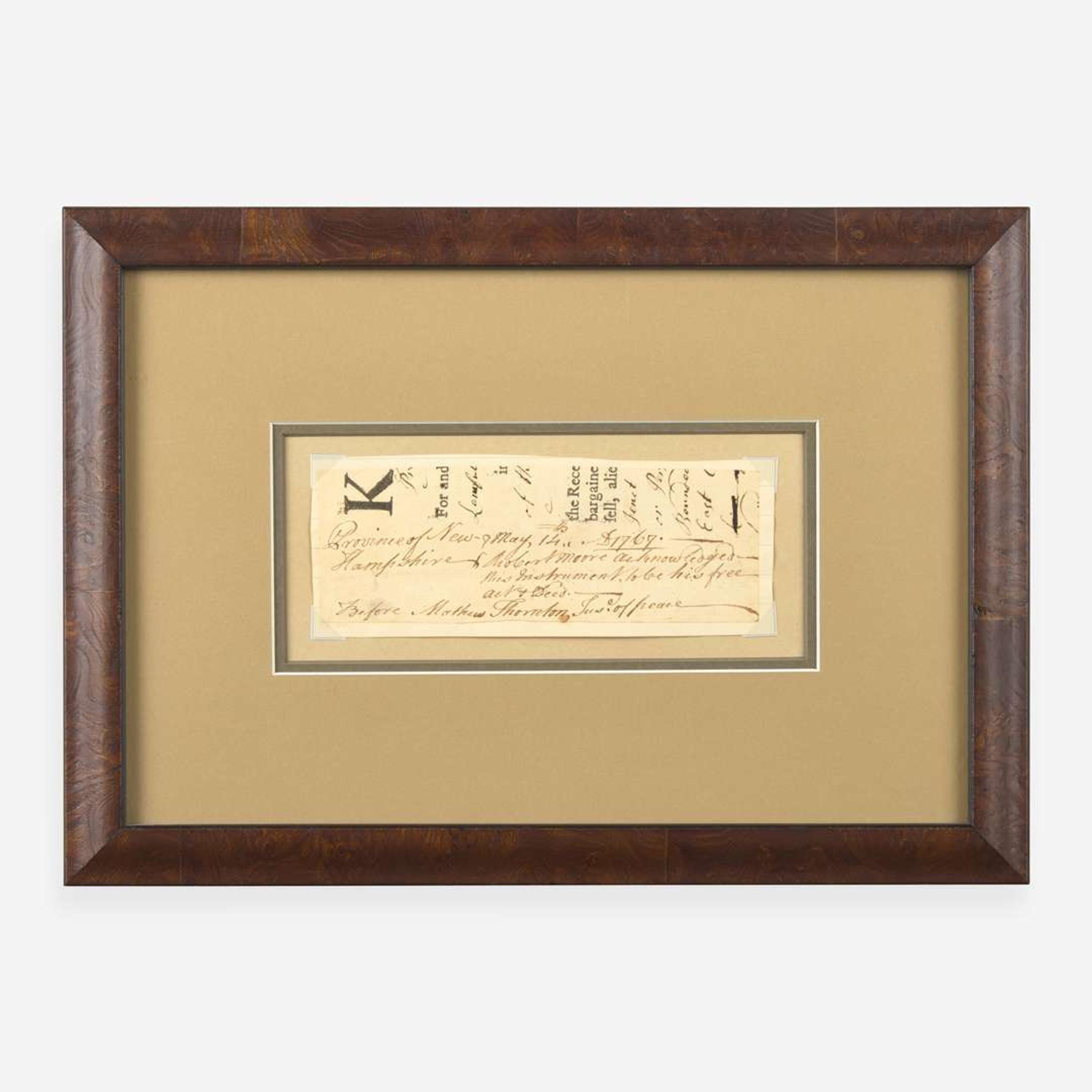 [Declaration of Independence] [New Hampshire] Thornton, Matthew Partially-Printed Fragment, signed