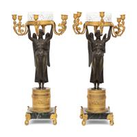 A Pair of Empire Style Gilt and Patinated Bronze and Cut Glass Six-Light Candelabra