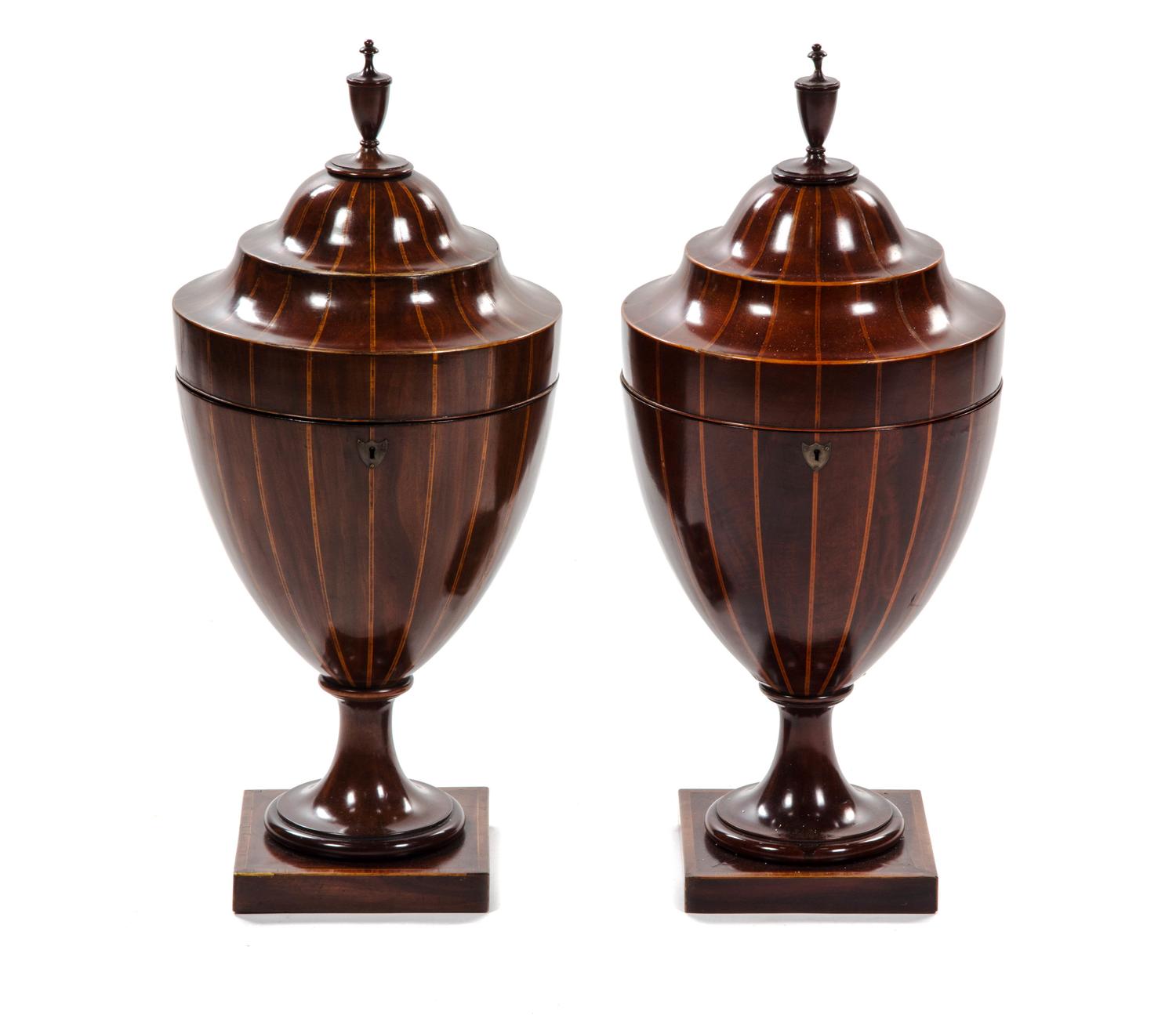 A Pair of George III Fruitwood Strung Mahogany Cutlery Boxes, Height 29 inches.