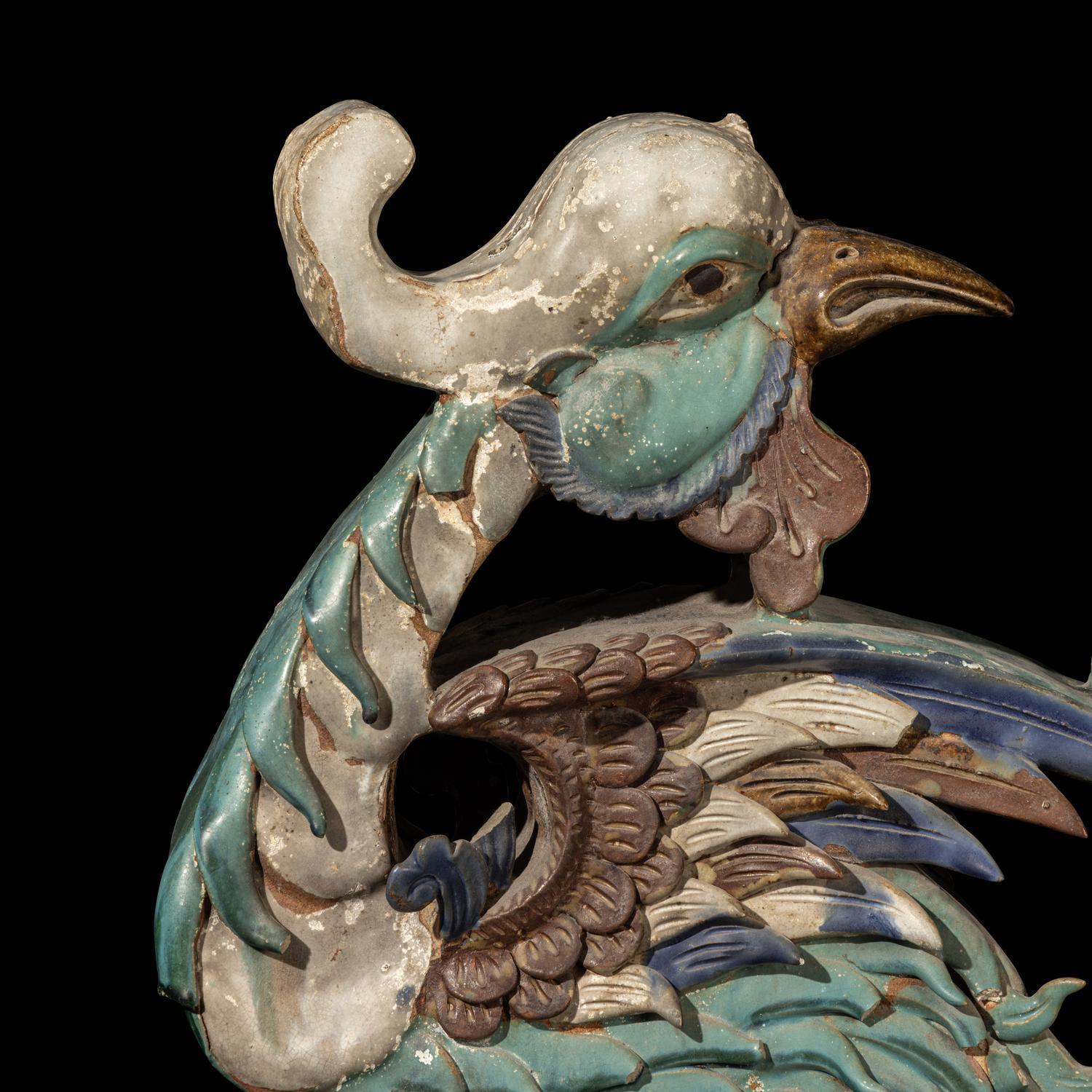 A Pair of Large Chinese Glazed Stoneware Architectural Tilework Phoenixes, Late 18th/19th Century 清中期 琉璃鳳凰大鴟吻一對