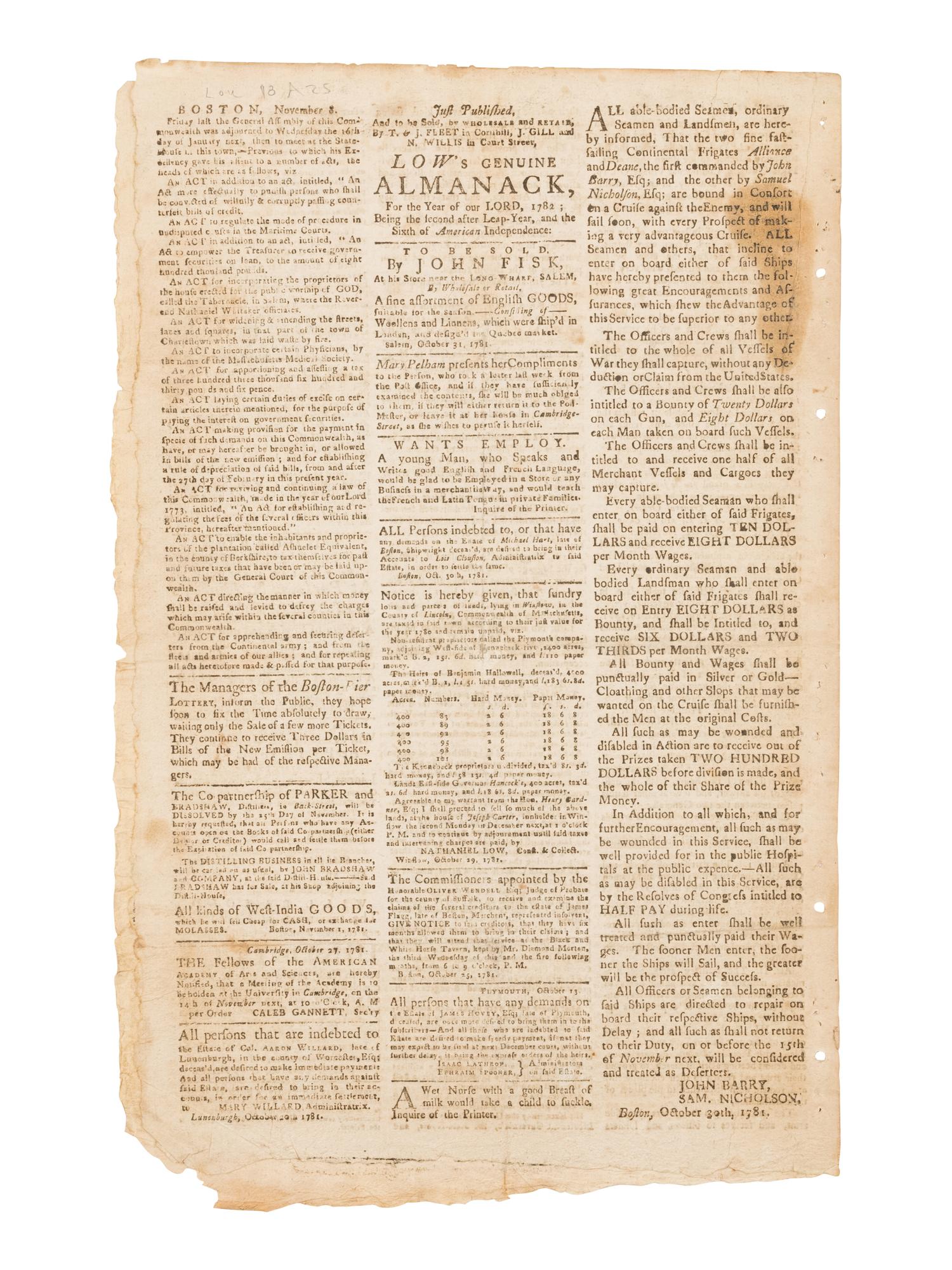 NEWSPAPERS - REVOLUTIONARY WAR]. The Continental Journal and Weekly Advertiser . No. CCXCVIII. Boston: John Gill, Thursday, November 8, 1781.