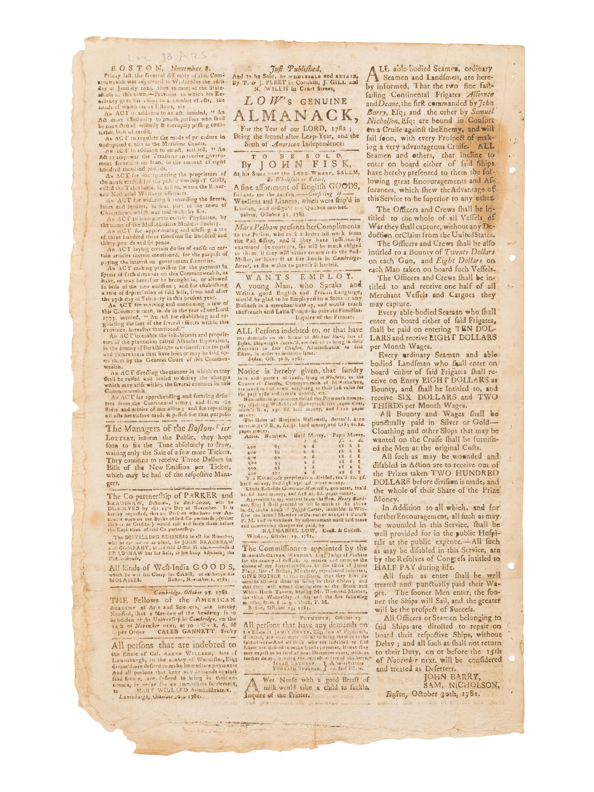 NEWSPAPERS - REVOLUTIONARY WAR]. The Continental Journal and Weekly Advertiser . No. CCXCVIII. Boston: John Gill, Thursday, November 8, 1781.